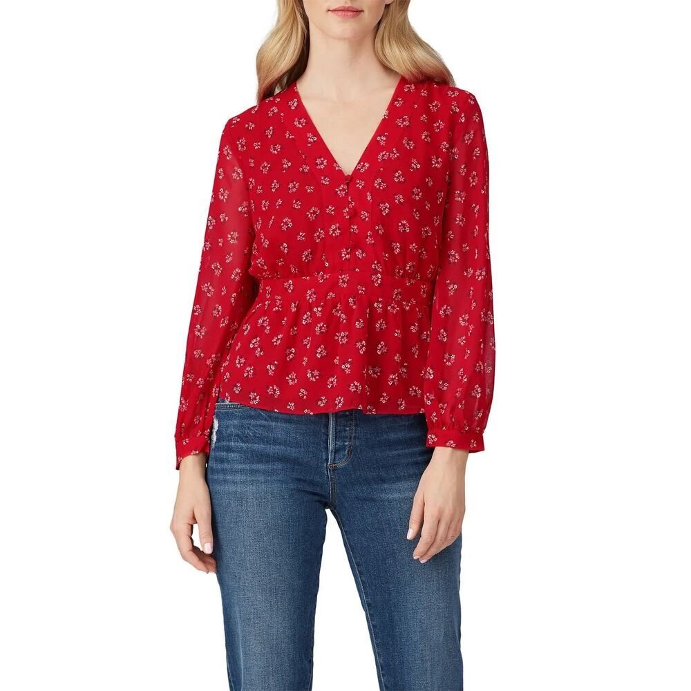 Madewell Georgette V-Neck Peplum Top in Little Lilies Red Size XS